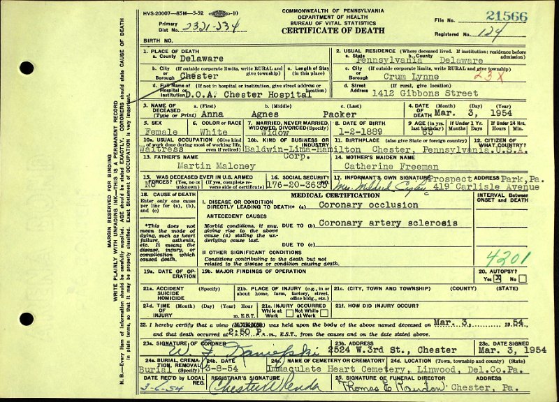 Anna Agnes Maloney Packer - Death Certificate.jpg - 1954 Death certificate for Anna Agnes Parker, daughter of Martin Maloney (1889-1954)